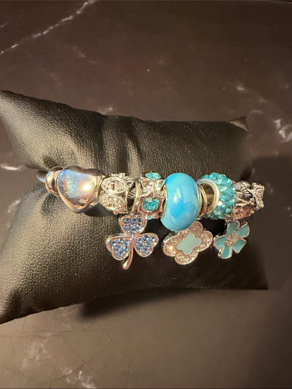 Silver Turquoise Clover & Flower Charms Bracelet with Blue Accent Beads